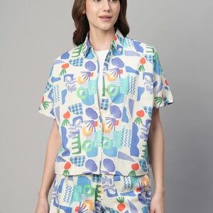 100% Linen Colorful Geometric Print Shirt